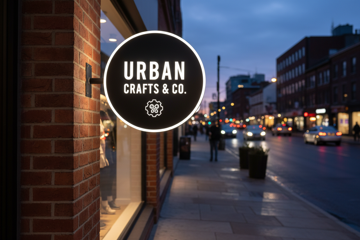 Custom 600mm Round LED Light Box mounted on a shop front at dusk